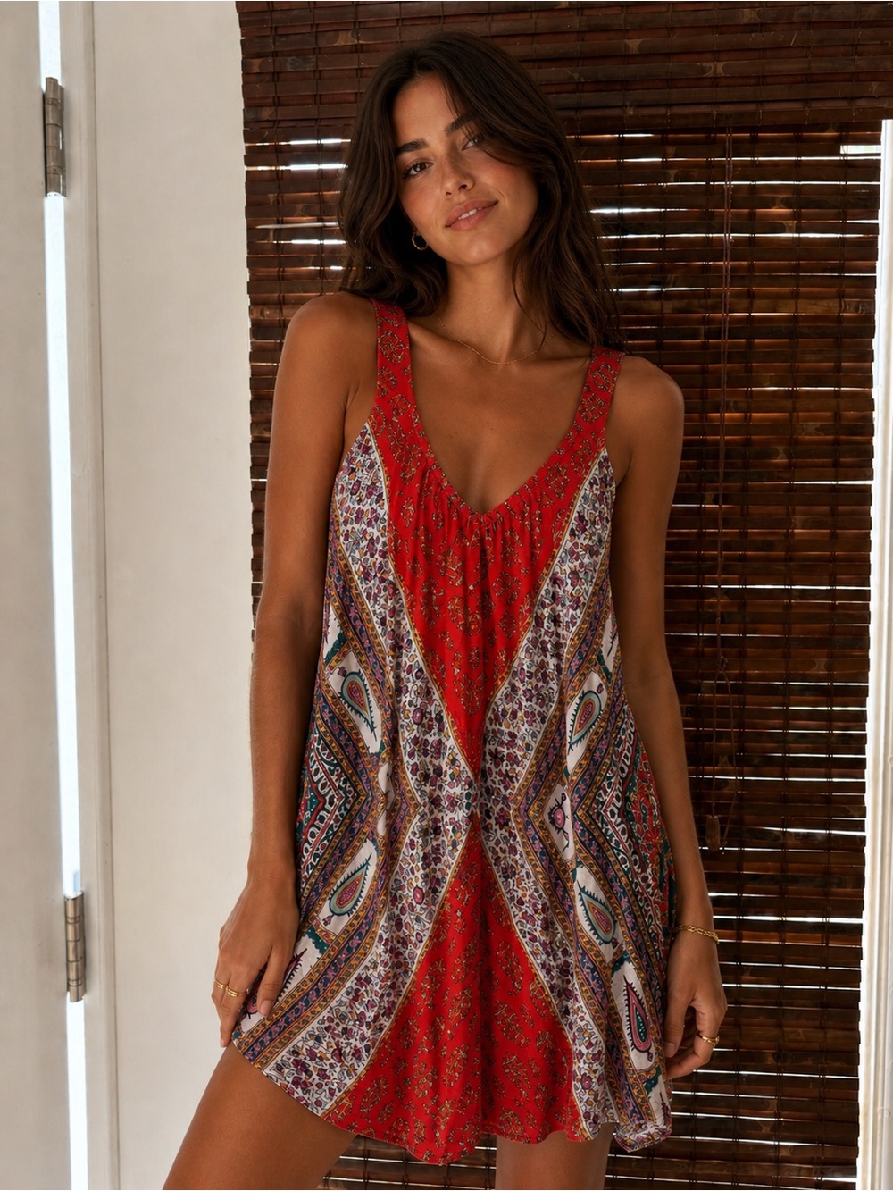 Angie  Boho Paisley V-Neck mini Sundress w strappy back sz L, guc